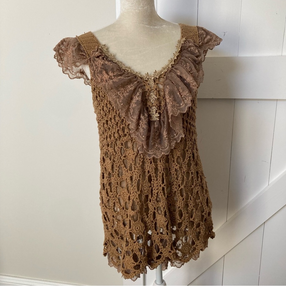 Vintage 90s Y2K crochet lace mixed media blouse see through forest fairy L